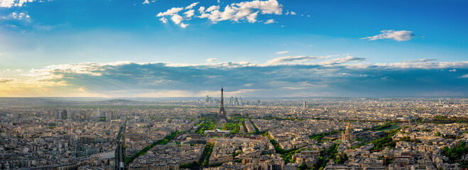 Paris aerial view with Eiffel Tower at sunset. France