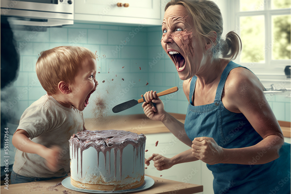 Wall mural mom and kid shouting cake