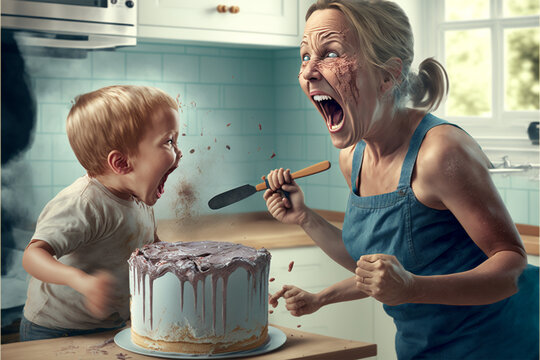 Mom And Kid Shouting Cake