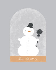 Merry Christmas. Funny Fluffy Snowman. Lovely Christmas Snowball with Cute Snowman on a Gray Background. Winter Holidays Vector Illustration for Card, Decoration.