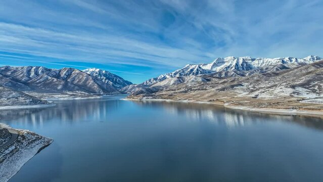 Panning panoramic video of Deer Creek Reservoir with a view of the Wasatch Mountain Range and Mt. Timponogos