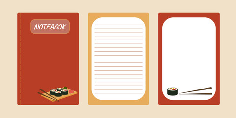 Set covers notebook red, orange. Sushis rolls on wooden board. Asian food Vector illustration.