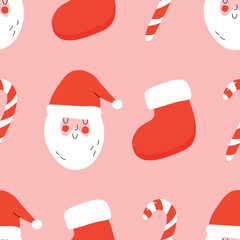 Cute winter Christmas Santa Claus pattern in cartoon style in vector. Design for winter decoration interior, print posters, greeting card, business banner, wrapping. 