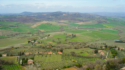 Typical farmland around a hilltop medieval town in Tuscany, Italy