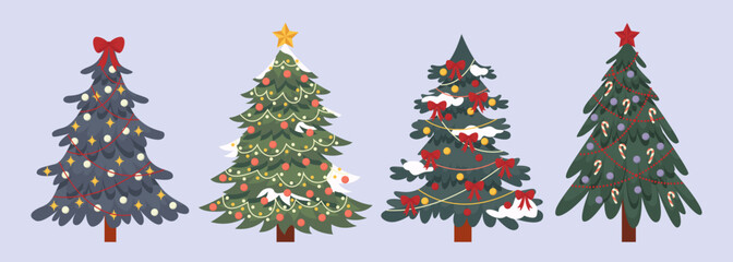 Set of decorated christmas fir, pine trees. Colorful retro xmas trees with candy,bows, garlands, snow, bulb, star. Winter Holiday Symbol for design, greeting card, invitation, banner, web. Flat vector