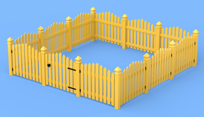 Wooden picket fence on blue background that separates the objects