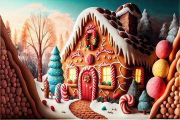  a gingerbread house with candy and candy canes on the front of it and a christmas scene behind it. Generative AI