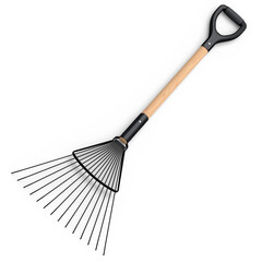Garden rake with wooden handle for harvesting hay on white background.