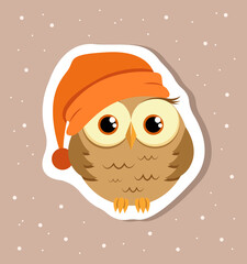 Baby owl in orange hat vector sticker design for nursery
