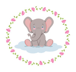 Baby elephant in floral wreath, vector design