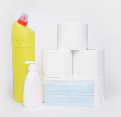detergents, mask toilet paper and soap on white background. High quality photo
