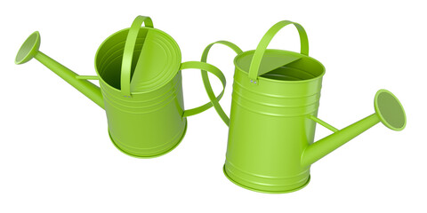 Set of watering can on white background. 3d render of gardening equipment tools
