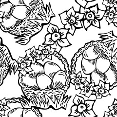 Easter seamless pattern with flowers, eggs, basket, spring decorative elements. Hand drawn illustration for textile print, fabric design, party decoration, scrapbooking, wallpaper and wrapping.