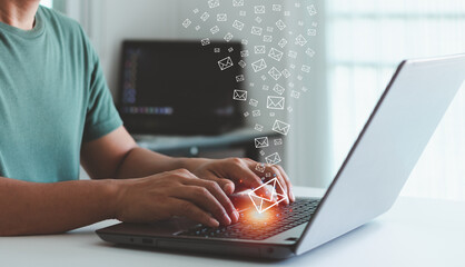 E-mail marketing concept, company sending many e-mails or digital newsletter to customers. Business...