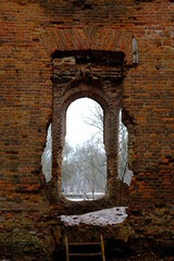 Ruins in the Palace and Park Ensemble. The ruins of the palace and houses made of high-quality, durable bricks. Destroyed during the war. Gostilitsy village, Lomonosovsky district, Leningrad region. R