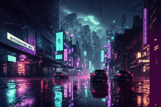 Wet streets in a futuristic neon city at night, abstract