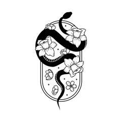Floral snake. Black serpent in frame with flowers. Mystic animal tattoo. Spiritual vector illustration. Line art florals