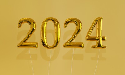 2024 Gold Foil Balloons float in front of a yellow background