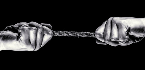 Rescue, help, helping gesture or hands. Black and white. Rope, cord. Hand holding a rope, climbing...