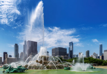 Chicago skyline with skyscrapers and Buckingham fountain at sunny day, Chicago, Illinois