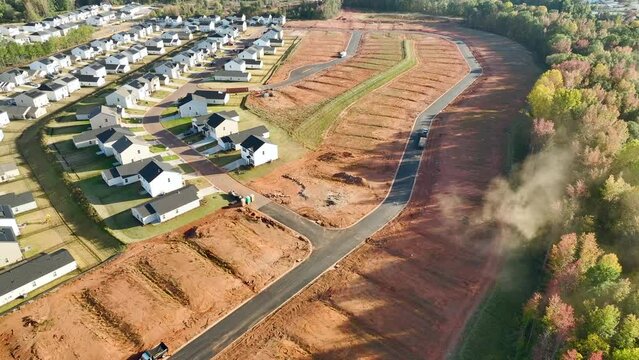 View from above of densely built residential houses under construction in south Carolina residential area. American dream homes as example of real estate development in US suburbs