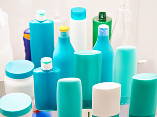 Shop with plastic cosmetic bottles and shampoo