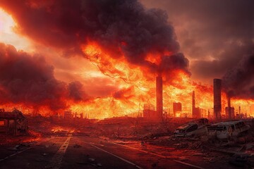 post-apocalyptisch landschap van verwoeste stad in vlammen
