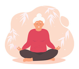 An elderly woman is sitting in the lotus position, cross-legged, performing yoga asanas. The old lady does gym, monitors her health. Vector graphics.