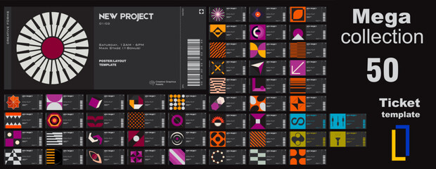 Mega collection.
Ticket vector templates layouts with abstract vector geometric shapes. Brutalist inspired graphics. Great for branding presentation, poster, cover, art, tickets, prints, etc.