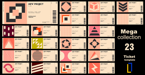 Mega collection.
Ticket vector templates layouts with abstract vector geometric shapes. Brutalist inspired graphics. Great for branding presentation, poster, cover, art, tickets, prints, etc.