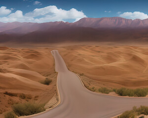 Fototapeta na wymiar a winding road in the desert with mountains in the background