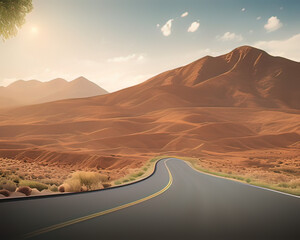 a winding road in the desert with mountains in the background