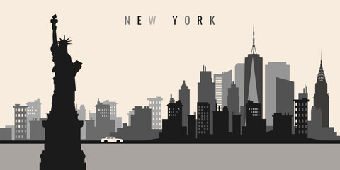 Obraz premium Flat illustration of city shadow, city elements and statues. Black and beige tones.