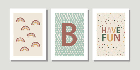 Kids, child art interior home decor. Letter K. 3 pieces frame canvas wall art. Colorful prints with shapes rainbow have fun. Element for design. Three vertical frame posters on floor with white walls