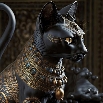 Black Egyptian cat with beautiful gold jewelry on a dark background. Figurine of a black Egyptian cat goddess Bastet. 3D illustration.
