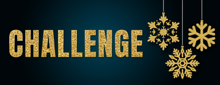 Challenge in Happy New Year banner template with copy space. light bulbs and stars. Winter Holiday card concept. Christmas Tree With Baubles.