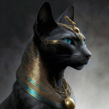 Black Egyptian cat with beautiful gold jewelry on a dark background. Figurine of a black Egyptian cat goddess Bastet. 3D illustration.