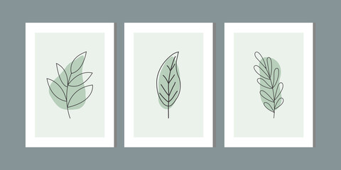 Three frame of fir pine leaf set. Minimalist wall art decor with pastel green, brown. Winter and autumn hand draw pine branches background. Holiday, christmas tree fabric print. Vector illustration.