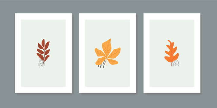 Set of autumn mood modern greeting card template with oak leaf, maple seed, chestnut, cone and forest plants. trendy poster. fall season nature minimal wall art. vector illustration in flat style
