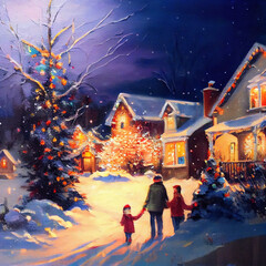 Colorful Christmas family Scene with snow falling and people gathering for the holidays