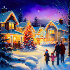 Obraz premium Family Gathering for Christmas Holiday Greeting Card