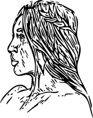profile line drawing of the face and head of a girl facing sideways