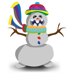 Cheerful snowman in a rainbow scarf and headdress. multicolored hat. Bright illustration. Vector graphics.