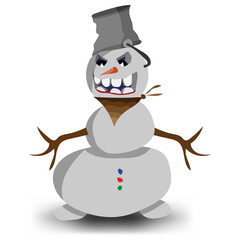 Snowman with a bucket on his head and a cowboy bandage. Scarf and hat. Evil and good snowman. Vector illustration.