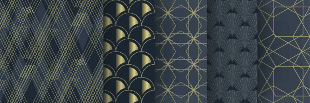 Set of Art deco patterns. Golden minimalism lines, vintage geometric arts and deco line ornate.