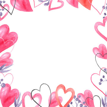 Pink watercolor hearts on a white background. Hand drawn illustration for Women's, Mother's and Valentine's Day. Frame with free space for text