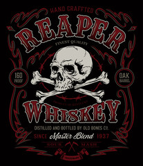 Vintage whiskey liquor label t-shirt graphic with antique frame and skull with crossbones
