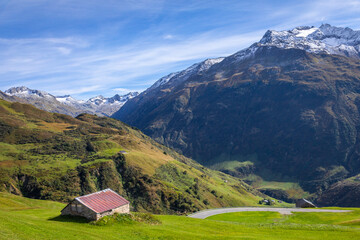 Oberalp mountain pass, dramatic road with swiss alps, Switzerland