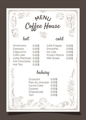 Vector menu for coffee shop. Coffee price list on vintage background