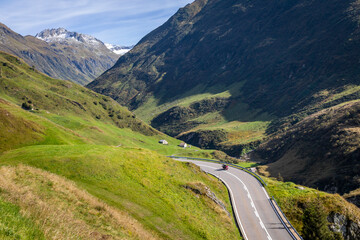 Fototapeta na wymiar Oberalp mountain pass, dramatic road with swiss alps, Switzerland